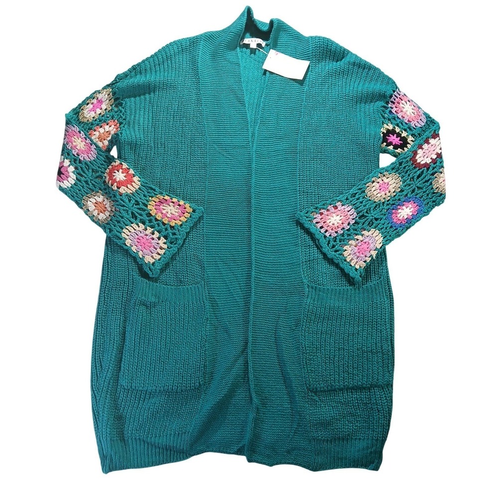 Blakeley‎ Teal Crochet Granny Square Sleeve Open Front Cardigan OS New
